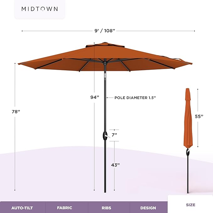 Midtown Umbrellas – The Lean 9 Ft Patio Umbrella with 10-Year-No-Fade Acrylast Acrylic Fabric, Auto-Tilt and 8 Reinforced Ribs for Deck, Pool, Garden, Hotel & Cafes – Sienna Rust Canopy, Black Pole