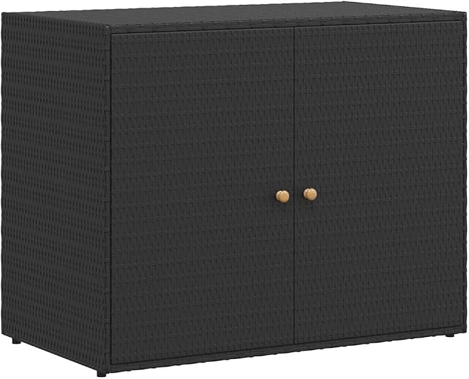 Outdoor Garden Storage Cabinet, Poly Rattan Deck Box with 2 Doors, Weather-Resistant Patio Organizer for Tools and Supplies, Black