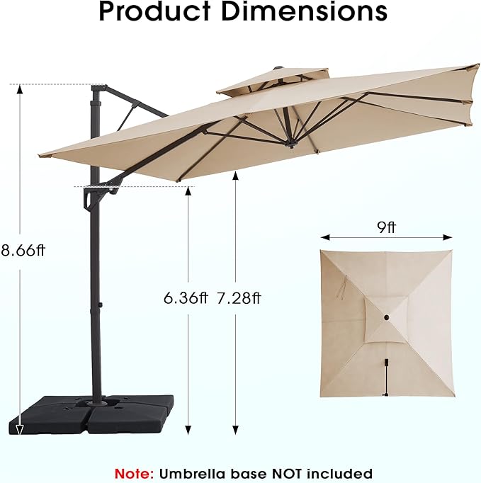 JEAREY 9ft 2-Tier Cantilever Patio Umbrella, Large Square Outdoor Offset Umbrella with Double Top Vent and 360-degree Rotation for Garden, Deck, Pool, Patio, Beige