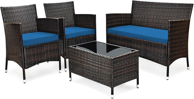 4 Pieces Patio Sofa Set, Wicker Conversation Set with Ergonomic Curved Backrest, Rattan Furniture Set with Water-Resistant Cushion & Tempered Glass Table for Balcony, Porch (Peacock Blue)