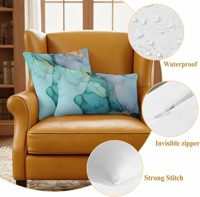 Abstract Teal Outdoor Waterproof Throw Pillow Covers Set of 2, 24"x24", Blue Gold Marble Natural Stone Cracks Modern Decorative Pillow Covers Outside Cushion Case for Patio Porch Garden