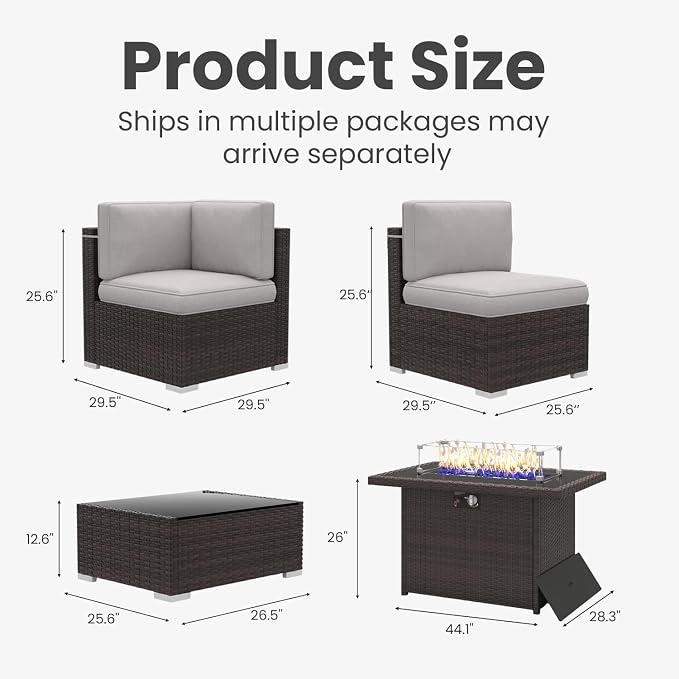 15 Pieces Patio Furniture Set with 44" Propane Gas Fire Pit Table, Outdoor Sectional Brown Rattan Wicker Conversation Sofa Sets with Coffee Table