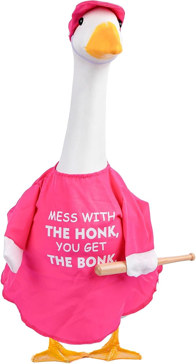 CAMDUCK Funny Porch Goose Outfit for 23 Inch Goose Statue, Mess with The Honk You Get The Bonk Goose Clothes, Decorative Lawn Geese Costume Clothing for Outdoor Decor (Pink)