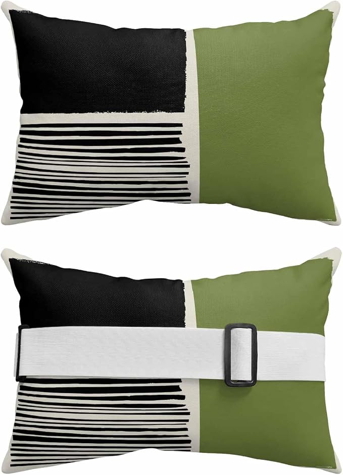 Pack of 4 Outdoor Lumbar Pillow Covers 12x20 Inch, Sage Green Black Waterproof Throw Pillow Covers Set, Farmhouse Striped Modern Abstract Art Outside Decorative Cushion Cases for Patio Porch Car