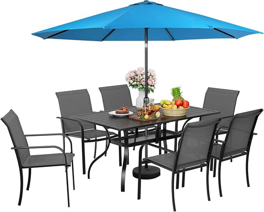 SUNCROWN 8 - Piece Outdoor Dining Set, Patio Furniture Set with 6 Textilene Dinning Chairs, 1 Rectangle Metal Table and 1 Sky Blue 9Ft Patio Umbrella for Lawn Garden Backyard Deck, Grey