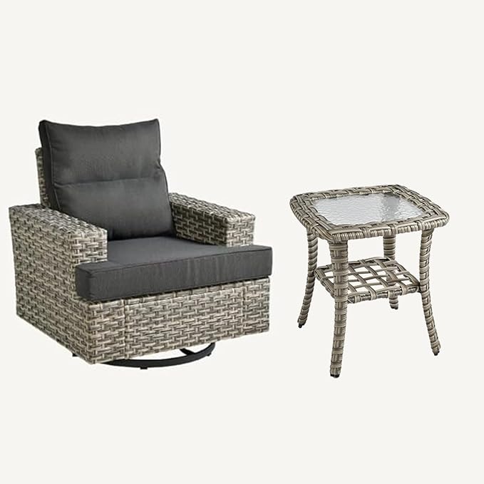HOOOWOOO Outdoor Sectional Patio Furniture Set,2 Pieces Single Arm Wicker Chairs,Extra Deep Out Door Sofa Outside Furniture (Black, 1 Swivel Chair 1 Table)