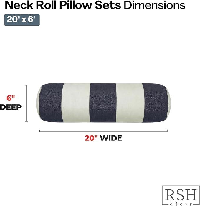 RSH DECOR: Sunbrella Neck Roll Pillows Set of 2 | 20” x 6” | Outdoor Bolster for Patio, Deck, Porch, or Poolside Furniture | Water & Fade-Resistant | Made in USA (Cabana Midnight Navy Stripe)