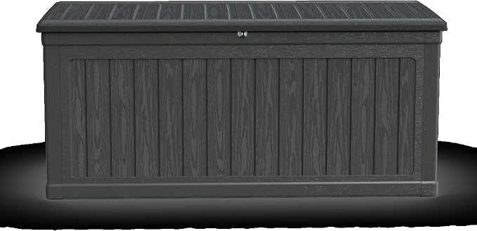 Large Outdoor Storage Deck Box, Resin Patio Container with Lockable Lid, Hydraulic Lift, Wood Texture Panels, Bench Table Function for Cushions Garden Tools Pool Gear Sports Equipment (260 Gallon)