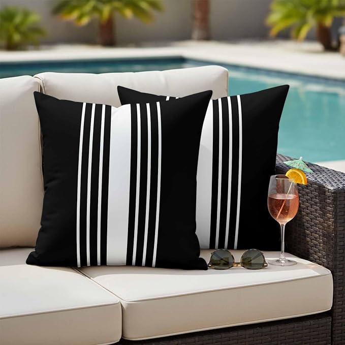 Black White Stripe Outdoor Pillow Covers 18x18 Inch Throw Pillow Covers Set of 2 Waterproof Decorative Pillow Cases Modern Rustic Vertical Striped Cushion Covers for Patio Furniture Garden Couch Sofa