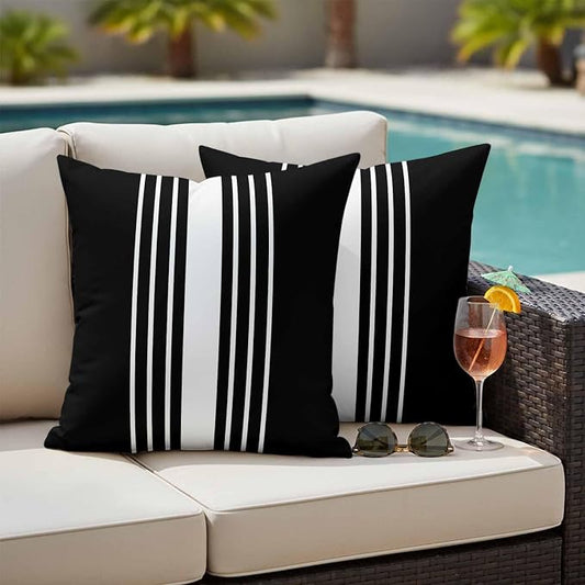 Black White Stripe Outdoor Pillow Covers 24x24 Inch Throw Pillow Covers Set of 2 Waterproof Decorative Pillow Cases Modern Rustic Vertical Striped Cushion Covers for Patio Furniture Garden Couch Sofa