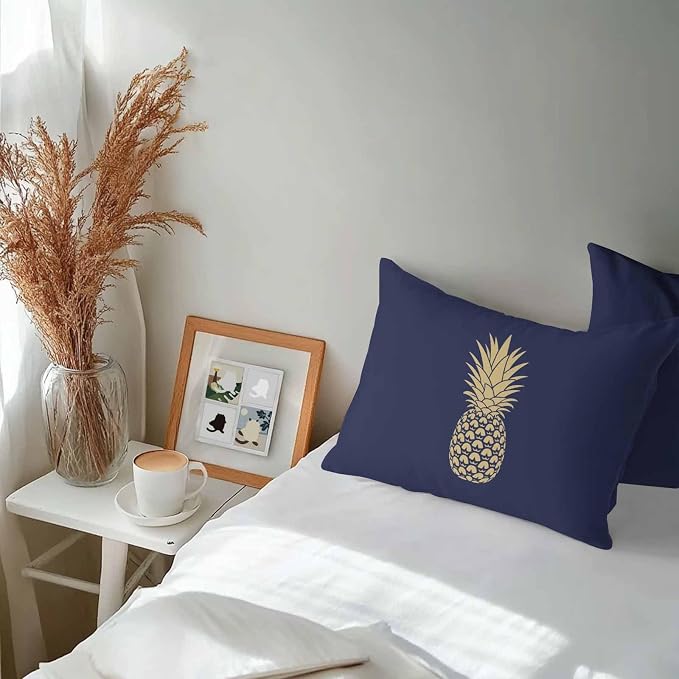 Yellow Pineapple Outdoor Waterproof Pillow Covers, Summer Fruits Navy Blue Decorative Rectangle Throw Pillowcase Sofa Cushion Sham for Patio/Couch/Chair, 20"x12" 2 Pack