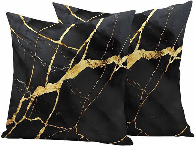 Outdoor Waterproof Pillow Covers 18x18Inch Marble Texture Throw Pillowcases for Patio Garden Couch Sofa Gold Line Black Decorative Cushin Case,Pack of 2
