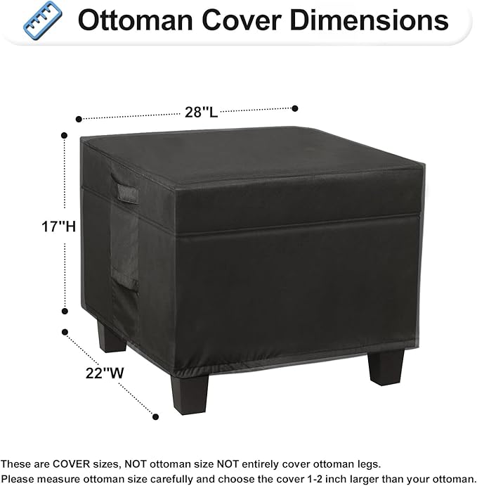 OutdoorLines Outdoor Waterproof Patio Ottoman Covers - Rectangle UV-Proof Patio Side Table Cover Windproof Heavy-Duty Furniture Covering Protector 28L x 22W x 17H Inch, Black