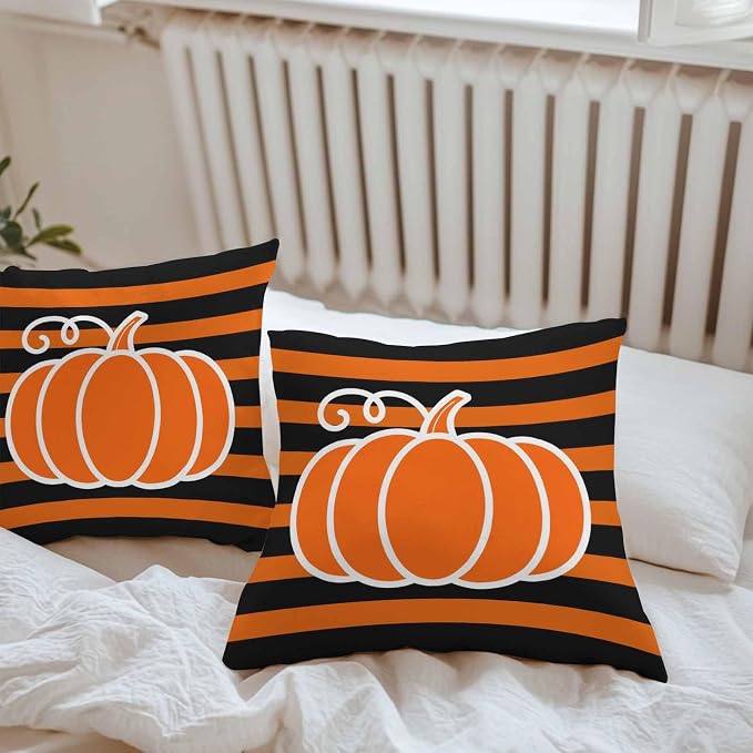 Orange Pumpkins Outdoor Waterproof Pillow Covers, Autumn Black Stripes Farmhouse Decorative Square Throw Pillowcase Sofa Cushion Sham for Patio/Couch/Chair, 16"x16" 2 Pack