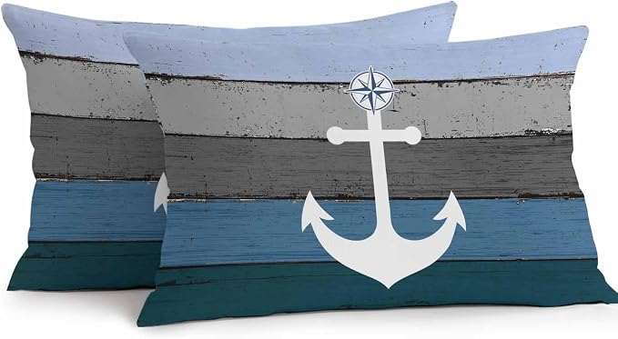 Chucoco Outdoor Waterproof Throw Pillow Cover Nautical White Anchor Decorative Pillows Cushion Covers Vintage Blue Grey Farm Wood Plank 2 Pack Pillow Cases for Patio Garden Balcony Couch Sofa 20x20In