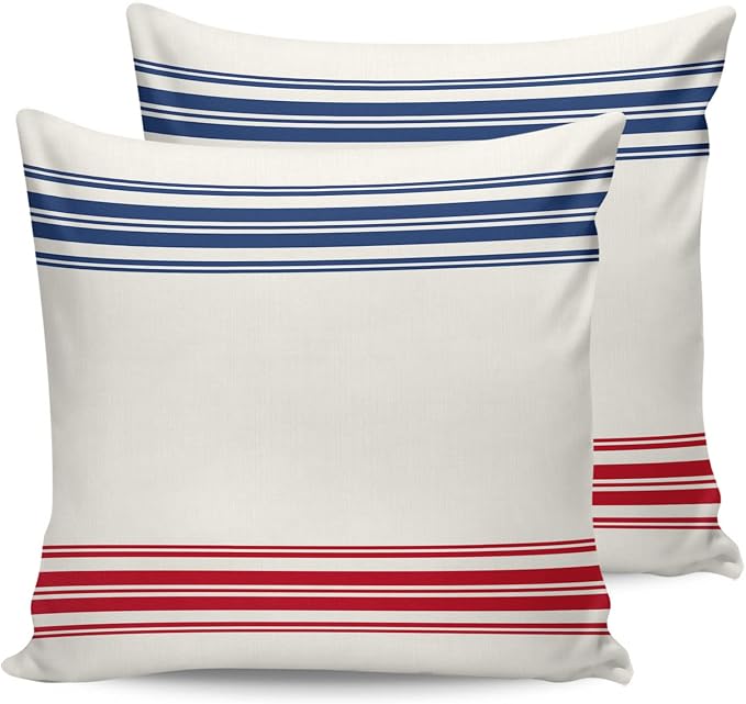 Outdoor Waterproof Pillow Covers Set of 2, Independence Day Flag Day Blue Red Stripe Vintage Patio Throw Pillow Covers, Decorative Cushion Case for Couch Sofa Furniture Garden, 18x18 Inch