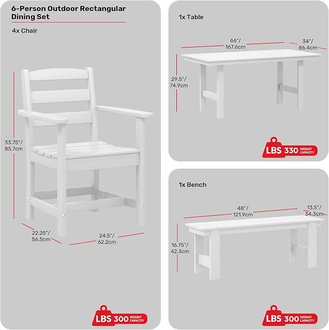Costaelm Palms 6-Piece Outdoor HDPE Patio Dining Table Set with Bench, White