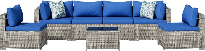 Tradare 7 Piece Patio Furniture Set, Outdoor Wicker Patio Sofa Set, PE Rattan Sectional Couch with Glass Table and Blue Cushions, All-Weather 7 Piece Outdoor Patio Furniture Sets, Grey