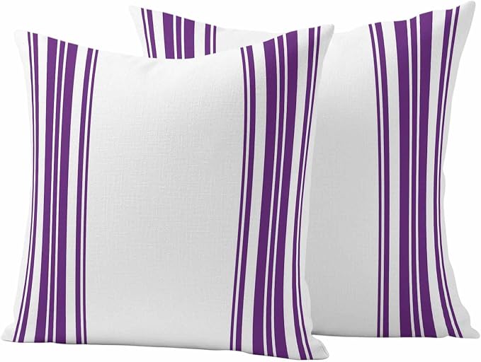 Outdoor Waterproof Throw Pillow Covers Set of 2 Purple Stripes Pillowcases 20x20 Inches White Vertical Striped Decorative Pillows Cushion Case Patio Pillows for Couch Bed Chair Garden