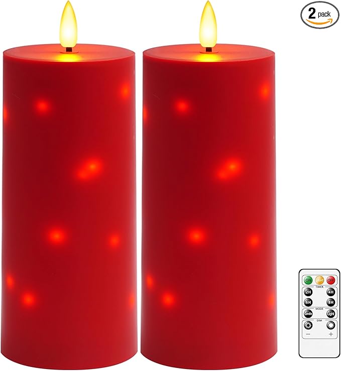 kakoya 10" x 4" Large Outdoor Waterproof Flickering Flameless Candles with Timer,2Pcs Battery Operated LED Pillar Candles with Embedded Star String for Outdoor Lanterns,Porch,Patio Decor(red)