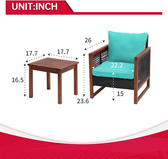 FDW 3-Piece Patio Bistro Set Acacia Wood Outdoor Chat Conversation Table Chair Set Outdoor Wood Chat Set with Water Resistant Cushions and Coffee Table for Beach Backyard Garden,Blue Cushion