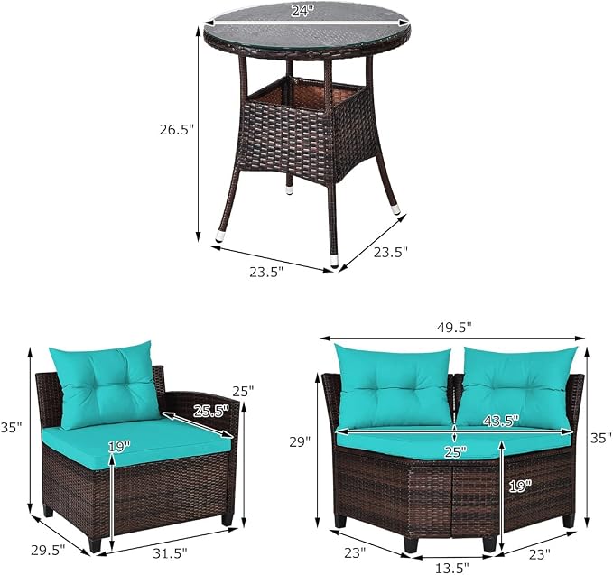 COSTWAY 4-Piece Patio Furniture Set, Wicker Rattan Sofa with Cushions and Coffee Table, Outdoor Sectional Conversation Sofa Set for Poolside Backyard Lawn Backyard (Turquoise)
