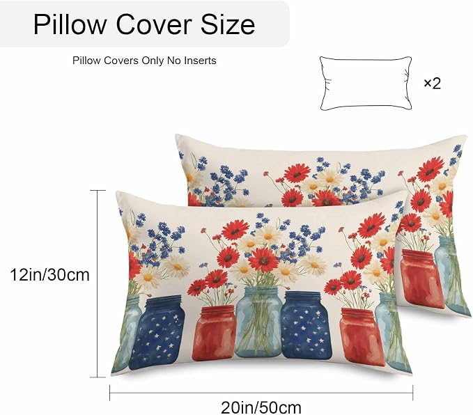 Independence Day Waterproof Outdoor Pillow Covers Set of 2 Home Decor, Red Blue Patriotic Poppy Flower Daisy Pillowcase Patio Pillow Covers for Couch Bench Furniture Garden 20x12in