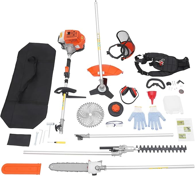 52CC 5 in 1 Gas Trimmer, 2.3HP 2-Stroke Cycle Brush Cutter Hedge Trimmer Chainsaw Pruner w/Extension Pole, 270° Rotating Head, Multi-Functional Gasoline Powered Grass Trimmer for Garden, Yard, Farm