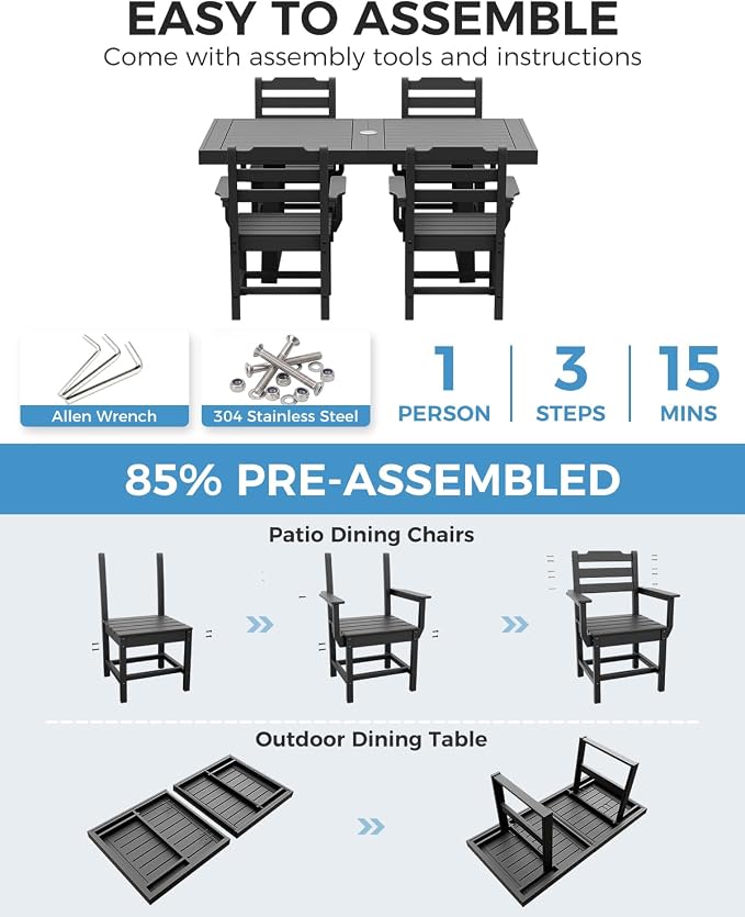 K Knowbody 5-Piece Outdoor Patio Dining Table and Chairs Set, Seats 4 | Steel-Reinforced HDPE, 100 lb/sq ft Load Capacity, 2-Inch Umbrella-Ready Tables, All-Weather, Fade-Resistant, Charcoal Black