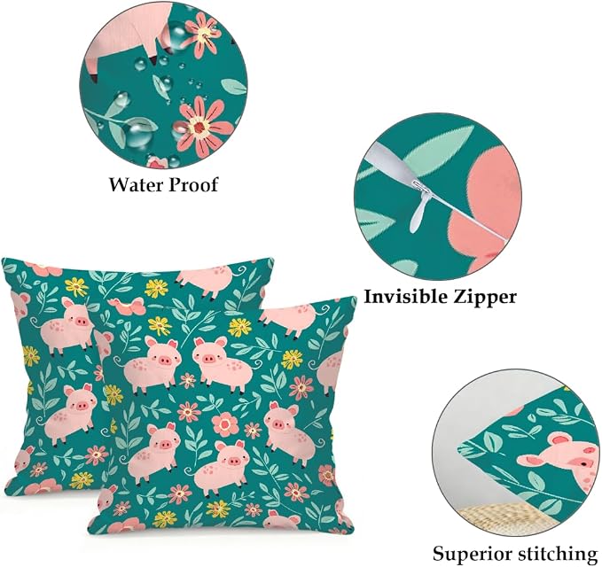 18x18 Inch Outdoor Pillow Covers Set of 2 Waterproof Throw Pillow Covers Decorative Couch Cushion Covers Pigs Green Leaves Square Pillowcases Protectors for Patio Garden Sofa
