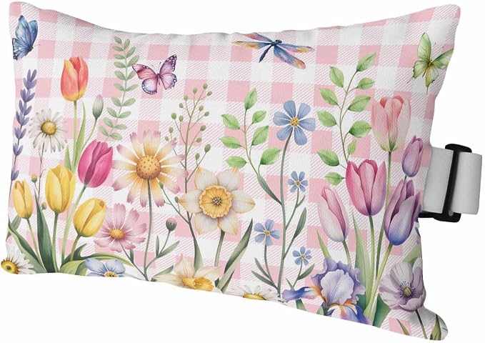 Wildflowers Outdoor Recliner Pillows for Head, Waterproof Chair Pillow with Elastic Stripe, Spring Watercolor Tulip Floral Leaf Pink Plaid Chaise Lounge Headrest Pillow for Patio/Beach 1Pack, 11"x16"