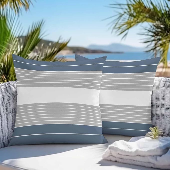 Haze Blue Grey Stripe Outdoor Pillow Covers Waterproof, All Weather Cushion Case Set of 2, Modern Art Horizontal Striped Decorative Pillowcases for Sofa Couch Bed Decor Patio Furniture 16"x16"