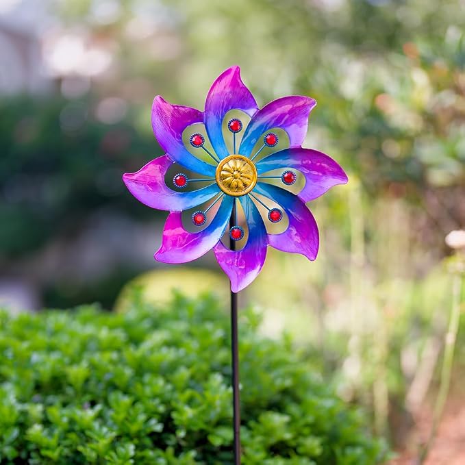 VEWOGARDEN Garden Metal Flower Wind Spinners Outdoor, Kinetic Wind Sculptures & Spinners for Yard Lawn Patio Decorations, Blue & Purple