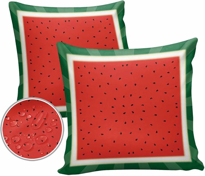 Outdoor Waterproof Pillow Covers Watermelon Fruit Set of 2 Decorative Outdoor Pillowcases Red Green Striped Cushion Cases for Patio Funiture Garden Couch Bench 18 x 18 Inches