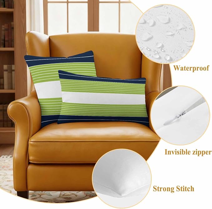 Outdoor Pillow Covers Set of 2, Navy Blue Green Striped Decorative Throw Pillow Covers 18X18IN, Gradient Watercolor Streak Throw Pillows Protector Cushion Case for Patio,Couch,Sofa,Garden