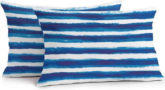 Blue Stripe Waterproof Outdoor Pillow Covers Set of 2 Home Decor, Ocean Beach Watercolor White Geometric Pillowcase Patio Pillow Covers for Couch Bench Furniture Garden 20x12in
