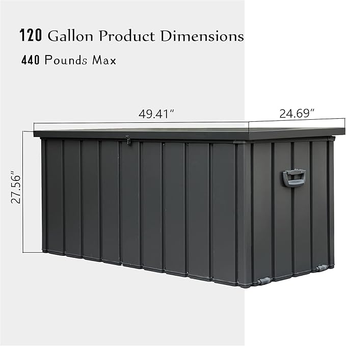 120 Gallon Outdoor Deck Box, Metal Lockable Storage Cabinet with Mobility Rollers & Side Handles, Waterproof Steel Bench for Patio Outside Furniture Cushions,Pillows,Garden Tools (Dark Gray)