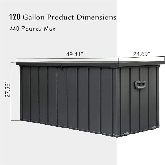 120 Gallon Galvanized Steel Outdoor Deck Box, Waterproof Lockable Patio Storage Bench with Wheels & Hydraulic Soft Close Lid, Weatherproof Storage Bin for Patio Cushions Pool Garden Tools, Dark Gray