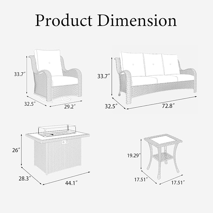 LayinSun 5 Pieces Outdoor Patio Furniture Set with Fire Pit Table, Rattan Wicker Sectional Swivel Rocker Chairs Sets with Swivel Glider Chair and Coffee Table