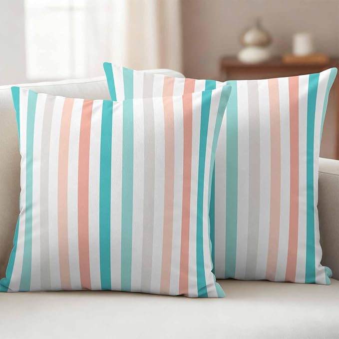 Coral Red Aqua Stripes Outdoor Waterproof Throw Pillow Covers Set of 2, 24"x24", Minimalist Abstract Vertical Striped Decorative Pillow Covers Outside Cushion Case for Patio Porch Garden