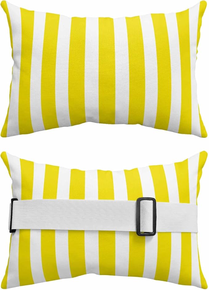 DecorLovee Yellow Striped Outdoor Recliner Pillows for Head, Farmhouse Waterproof Chair Pillow with Elastic Stripe, Yellow White Stripes Chaise Lounge Headrest Pillow for Patio/Pool 1Pack, 11"x16"