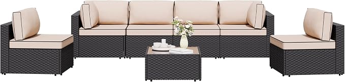 Shintenchi 7 Pieces Outdoor Patio Sectional Sofa Couch, Wicker Furniture Conversation Sets with Washable Cushions & Glass Coffee Table for Garden, Poolside, Backyard (Khaki)