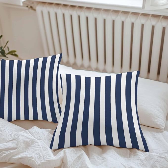 Navy Blue Striped Outdoor Waterproof Throw Pillow Covers 26x26 Set of 2, Modern Farmhouse Blue White Stripes Decorative Pillowcases Cushion Pillowcase for Couch Sofa Patio Outside Pillow Protector