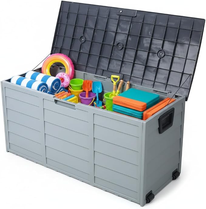 Deck Boxes 75 Gallon Resin Outdoor Storage Box Lockable Plastic Storage Containers with Lid and Wheels Waterproof Organization for Cushions Garden Tools Pool Toys Backyard Balcony Yard Patio Furniture