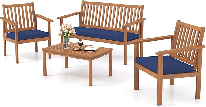 Tangkula 4 Piece Patio Wood Furniture Set, Acacia Wood Sofa Set w/Loveseat, 2 Chairs & Coffee Table, Soft Seat Cushions, Outdoor Wood Furniture Set for Porch, Yard, Balcony (Navy)