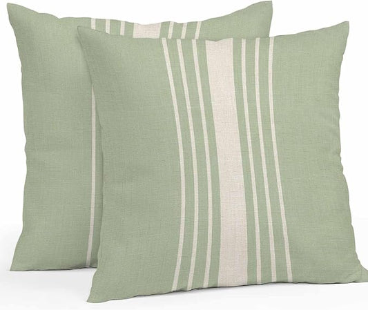Vandarllin Outdoor Throw Pillows Covers 16x16 inch Set of 2 Waterproof Sage Green Vertical Stripes Decorative Zippered Cushion Covers for Patio Furniture, Classic Striped Linen Lumbar Pillowcases