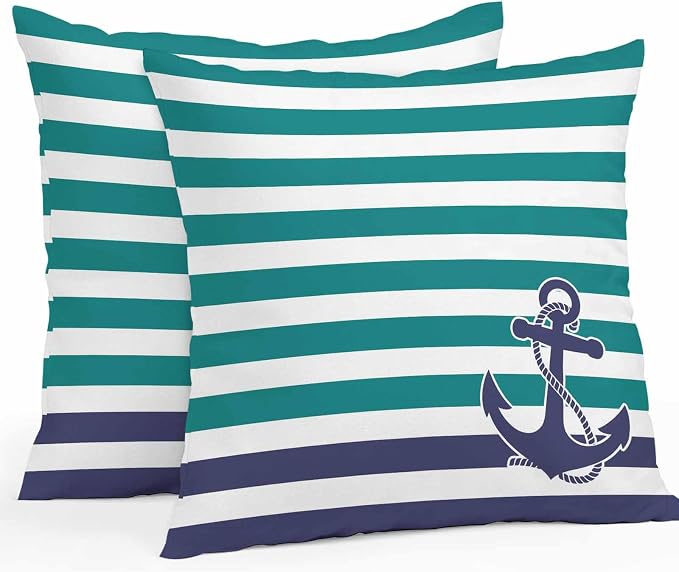 Throw Pillow Covers 24x24 Inch Set of 2, Anchor Teal Waterproof Outdoor Cushion Covers, Modern Navy Blue White Striped Nautical Decorative Pillowcases for Couch, Sofa, Bed, Garden, Patio