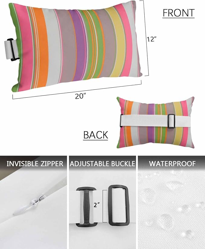 Outdoor Lumbar Pillows with Strap & Insert Colorful Stripes Lines Recliner Head Pillow Pack of 2 Classic Vertical Striped Waterproof Headrest Patio Lounge Chair Pillows for Beach Office 12x20 Inch