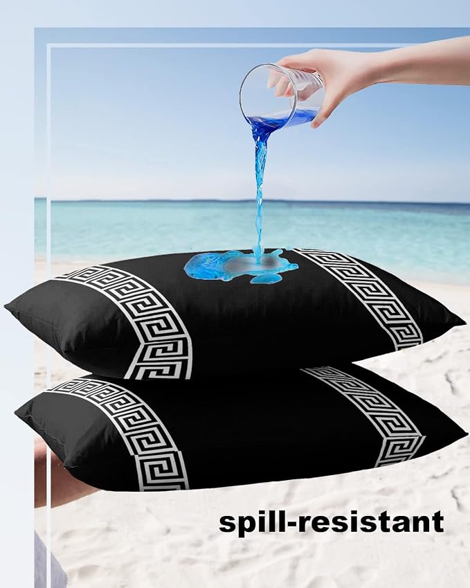 Funy Decor Waterproof Outdoor Throw Pillow Cover Geometric Greek Key Design Lumbar Pillowcases Set of 2 Black Decorative Patio Furniture Pillows for Couch Garden 20x12 inch