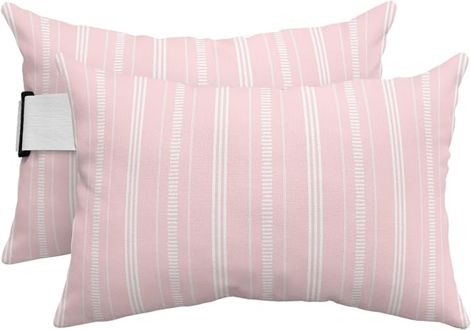 Outdoor Lumbar Pillows 11x16 Set of 2, Boho Pink Waterproof Throw Pillow Covers with Insert, Minimalist Farmhouse Striped Decorative Pillowcase Cushion for Couch Sofa Bed